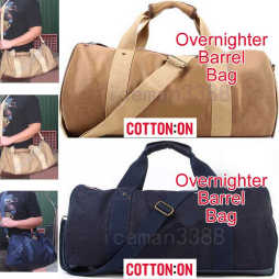 Two Cotton on Canvas Barrel Overnighter Bags Colour 1 x Khaki and 1 x Navy Blue